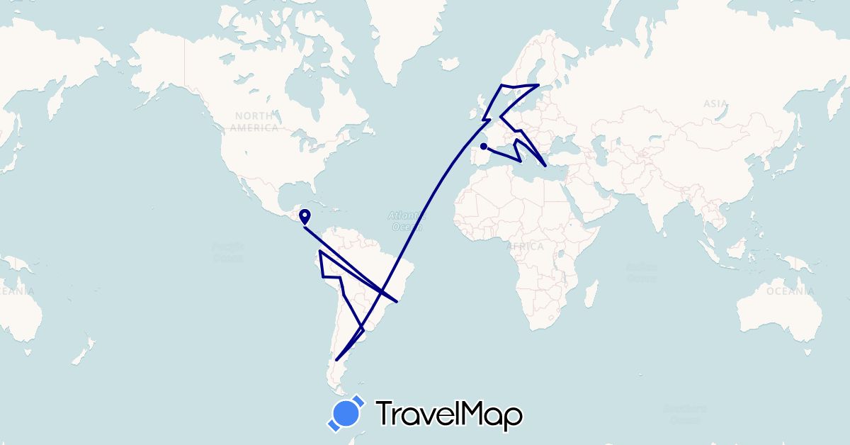 TravelMap itinerary: driving in Argentina, Austria, Bolivia, Brazil, Costa Rica, Germany, Ecuador, Spain, Finland, United Kingdom, Greece, Croatia, Italy, Netherlands, Norway, Peru (Europe, North America, South America)