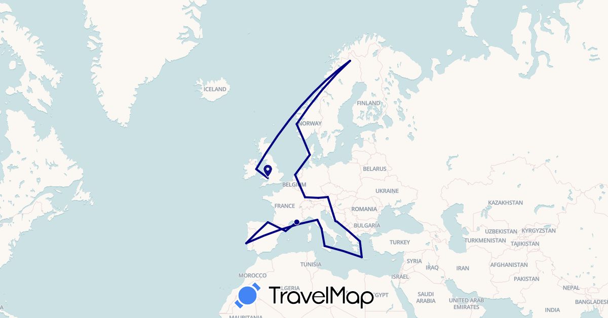 TravelMap itinerary: driving in Austria, Germany, Denmark, Spain, France, United Kingdom, Greece, Croatia, Ireland, Italy, Netherlands, Norway, Portugal, Sweden (Europe)